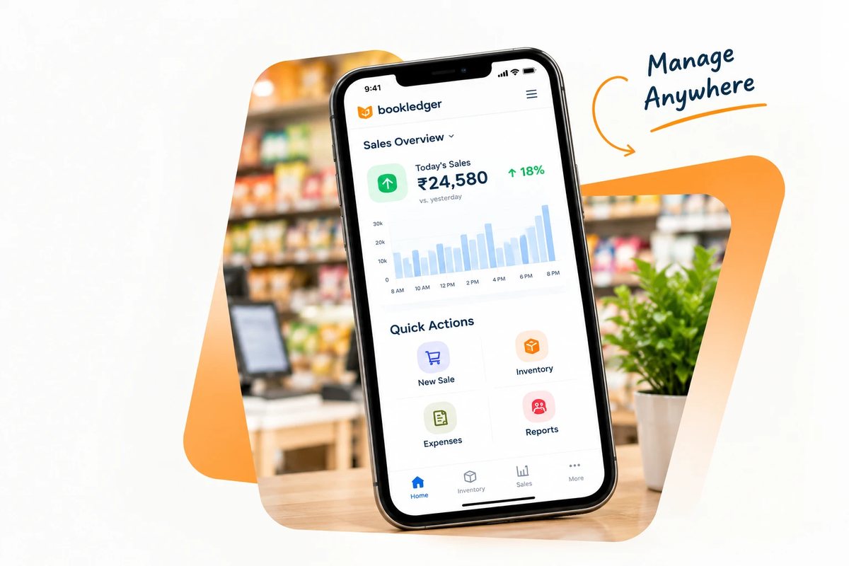 The bookledger mobile app showing today's sales, an hourly sales chart and quick actions for a new sale, inventory, expenses and reports.