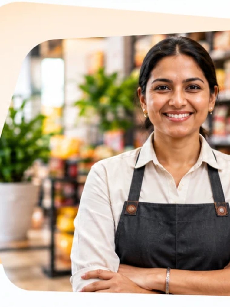 A shop owner standing with her arms folded in front of her stocked grocery shelves.