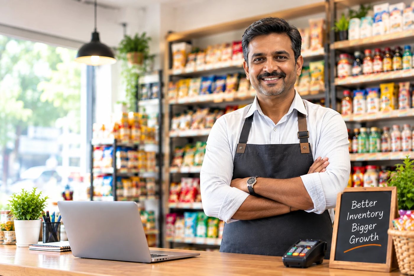 A shop owner standing at the counter of their grocery store, laptop and card machine beside them.